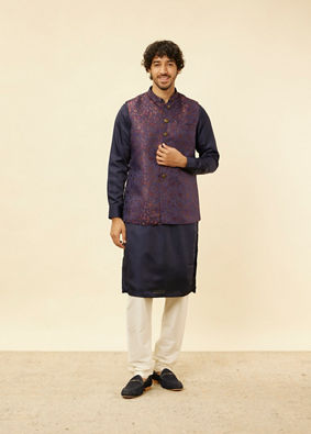 alt message - Manyavar Men Sapphire Blue Bel Buti Patterned Jacket image number 2